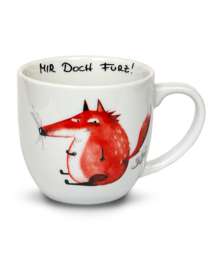 Tasse mit einem dicken Fuchs drauf und dem Spruch an der Innenseite: "Mir doch Furz!". Der Fuchs pupst dabei gerade.